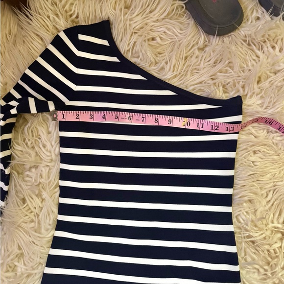 Navy White BCBGMaxazria Striped One-Shoulder Dress bandage Leger bodycon M S - Picture 7 of 8